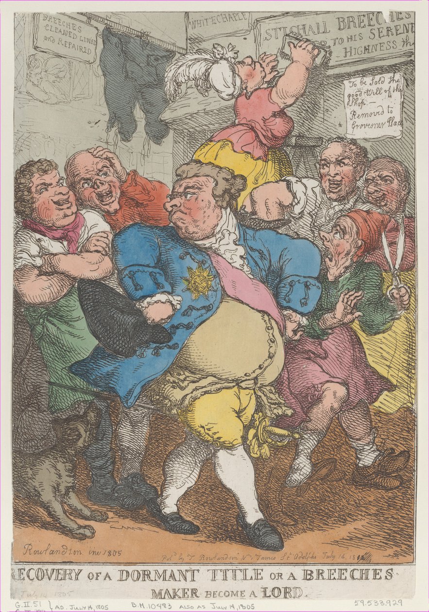Recovery from a Dormant Title or a Breeches Maker Becom..., [1805. július 14.], újra kiadva 1812. július 14-én. alkotó: Thomas Rowlandson
