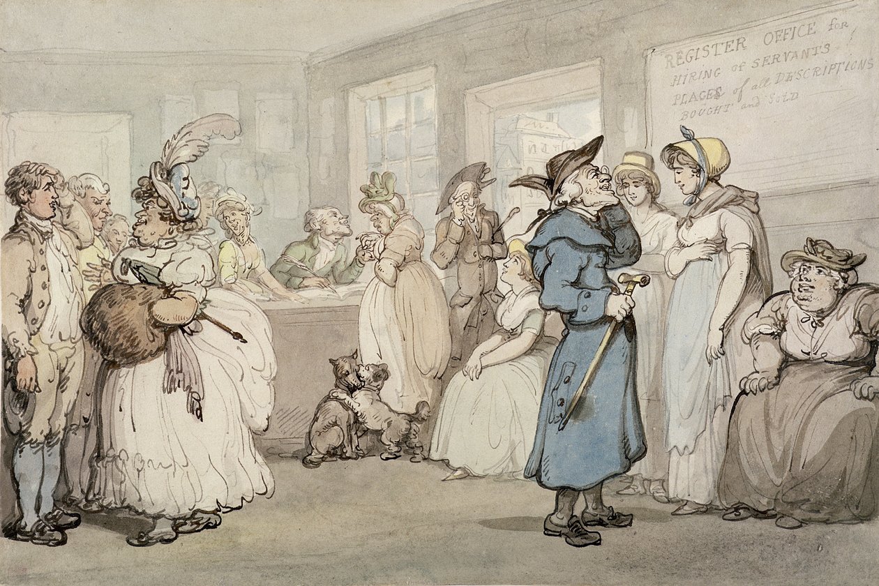 Szolgák felvételének nyilvántartó hivatala, 1805 körül (toll és tinta akvarellel papíron) alkotó: Thomas Rowlandson