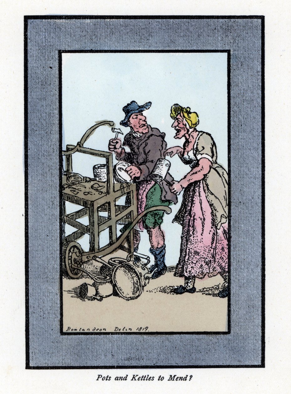 Barangolás és ügyfél-retamer egy edény alját mutatja. Kalapáccsal egy fém fazékba üt egy hordozható padon. Thomas Rowlandson (1756-1827) festménye alapján készült fametszet, a londoni válságban megjelent: hat bájos gyerekkel és közel 40 i-vel alkotó: Thomas Rowlandson
