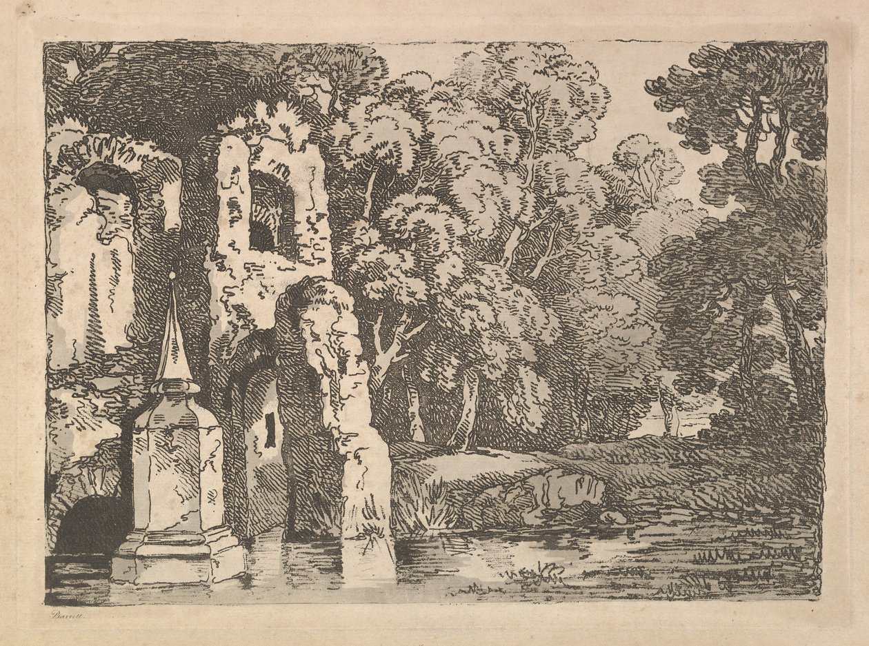 Medence melletti romok erdős tájon, 1783-84. alkotó: Thomas Rowlandson