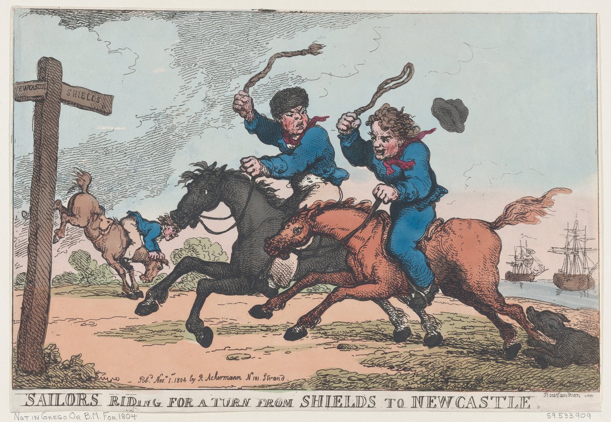 Tengerészek lovagolnak egy kanyarra Shieldsből Newcastle-be, 1804. november 1., 1804. november 1. alkotó: Thomas Rowlandson