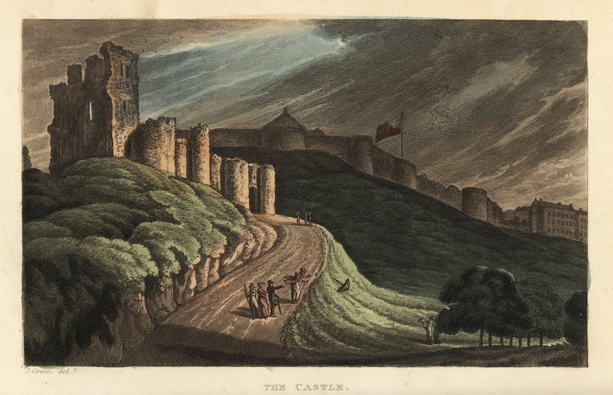 Scarborough-kastély: turisták sétálnak fel a dombra a 12. századi kővárhoz. Kézi színű rézmetszet Thomas Rowlandsontól J. Green vázlata után a Poetical Sketches of Scarborough, Ackermann, Londonból alkotó: Thomas Rowlandson