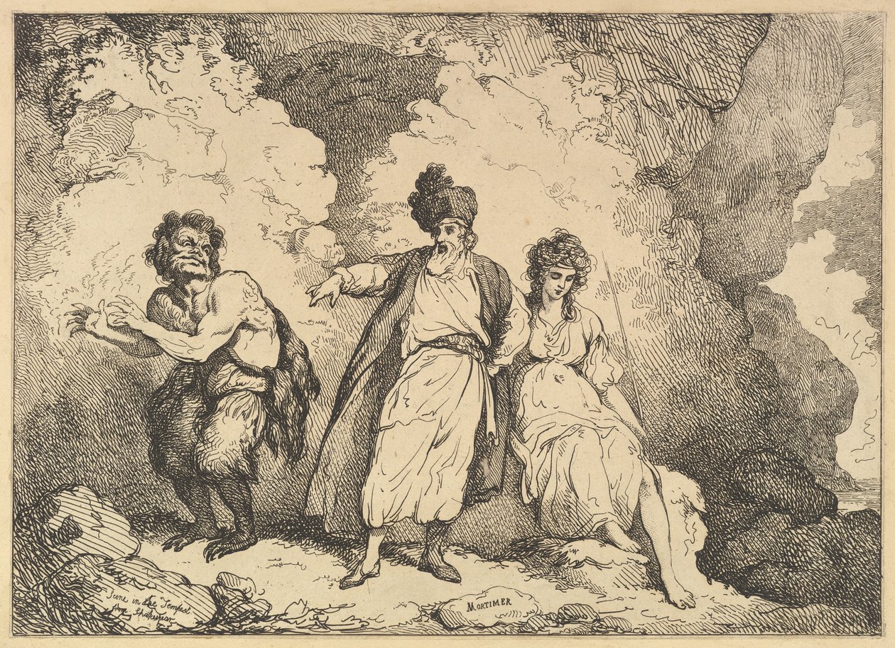Jelenet a viharból: Caliban, Prospero és Miranda, [1783-87], újra kiadva 1801-ben. alkotó: Thomas Rowlandson