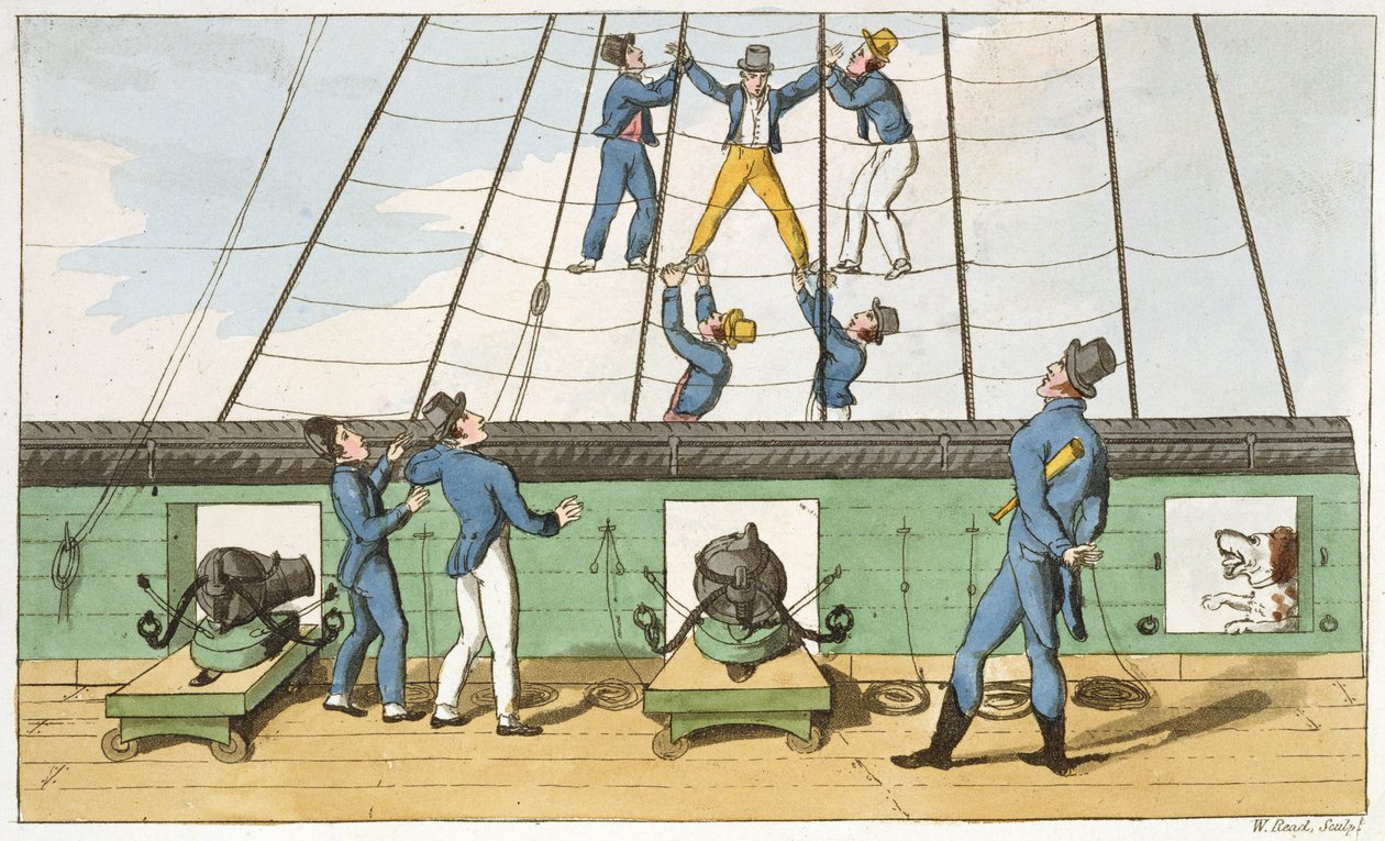 A kötélzetben lefoglalva, John Mitford (1782-1831) „The Adventures of Johnny Newcome a haditengerészet” című lemeze, W. Read metszet, 1818 alkotó: Thomas Rowlandson
