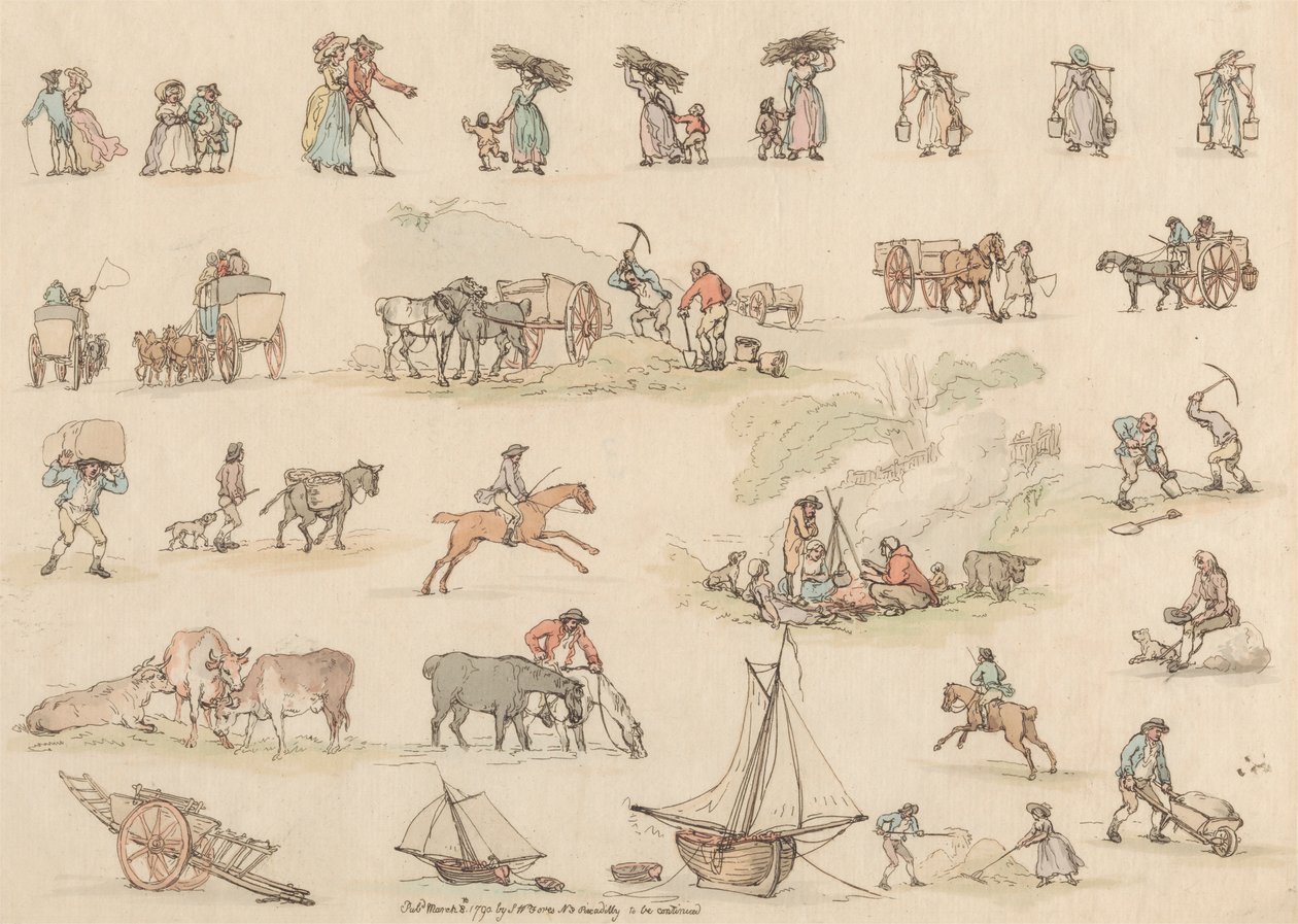 Tizenhat darabos készlet: alakok és tájak körvonalai alkotó: Thomas Rowlandson