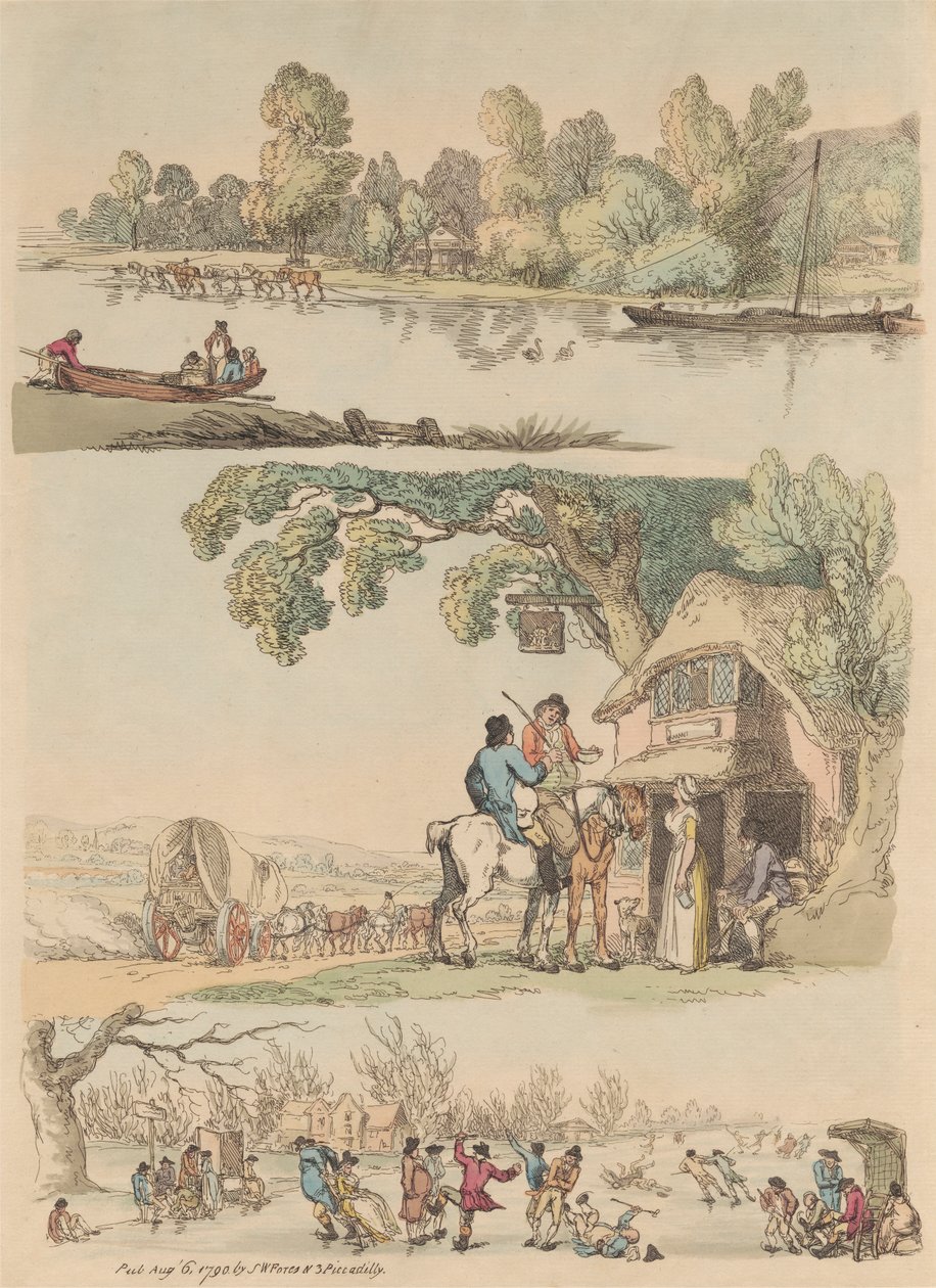 Tizenhat darabos készlet: alakok és tájak körvonalai alkotó: Thomas Rowlandson