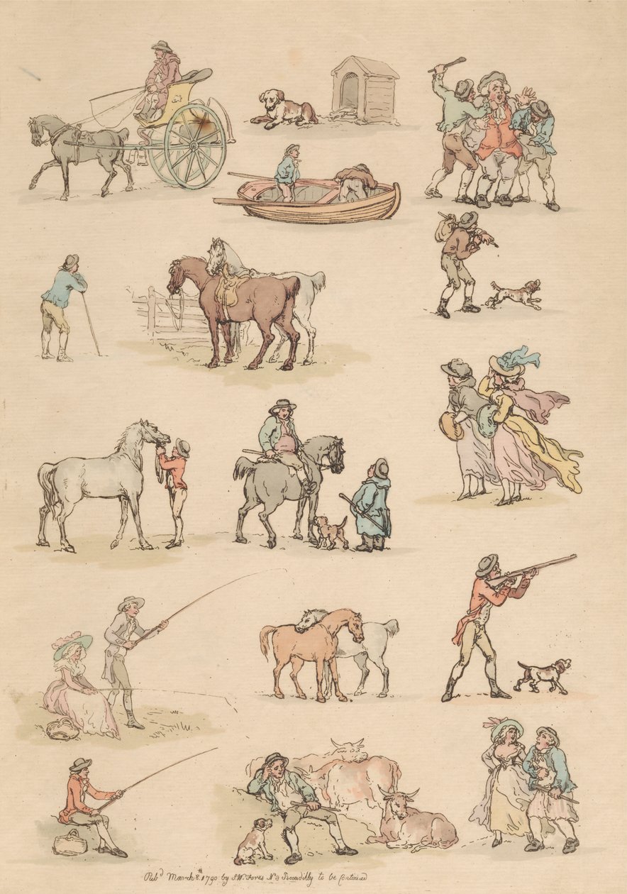 Tizenhat darabos készlet: alakok és tájak körvonalai alkotó: Thomas Rowlandson