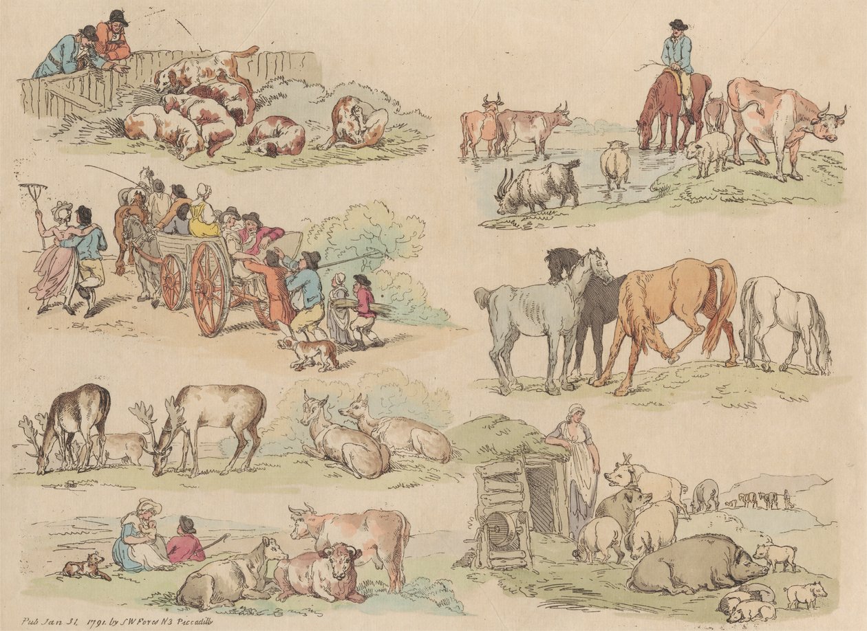 Tizenhat darabos készlet: alakok és tájak körvonalai alkotó: Thomas Rowlandson