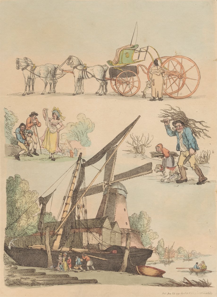 Tizenhat darabos készlet: alakok és tájak körvonalai alkotó: Thomas Rowlandson