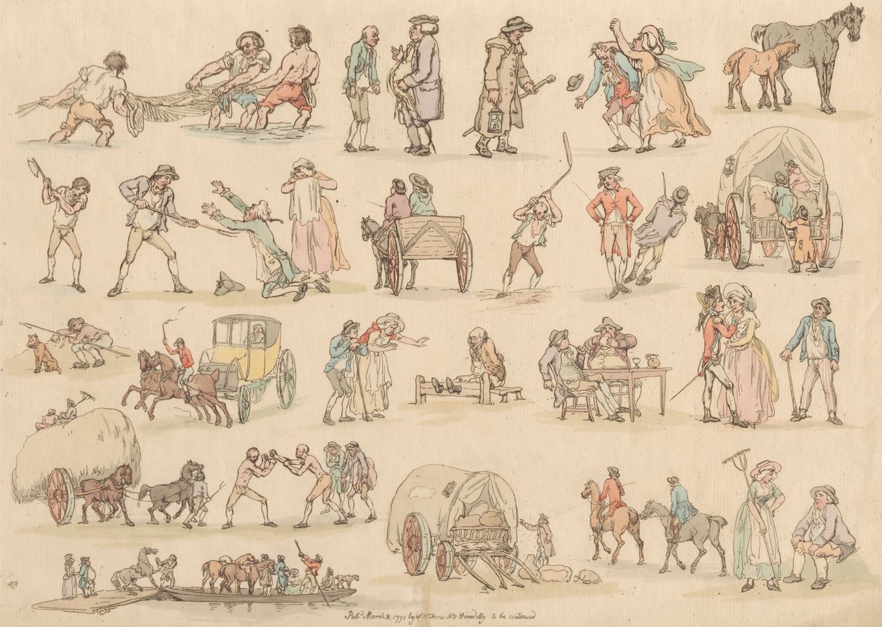 Tizenhat darabos készlet: alakok és tájak körvonalai alkotó: Thomas Rowlandson