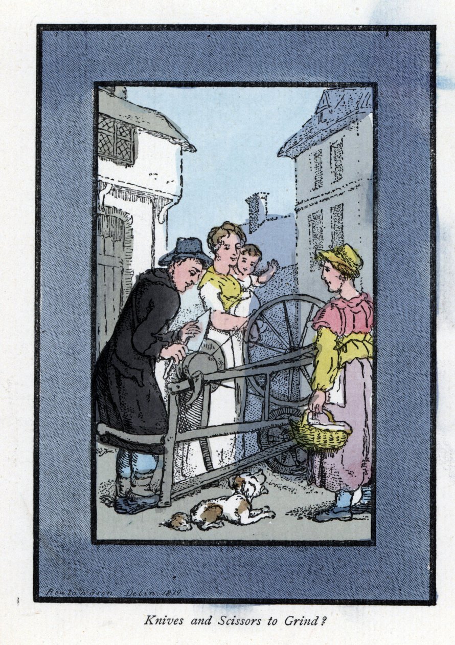 Élező kést élező köszörűkorongján, ügyfeleivel (1819). Fametszet Thomas Rowlandson (1756-1827) festménye alapján, a londoni válságban megjelent: hat bájos gyerekkel és közel 40 illusztrációval, Andrew Tuer, Fiel alkotó: Thomas Rowlandson