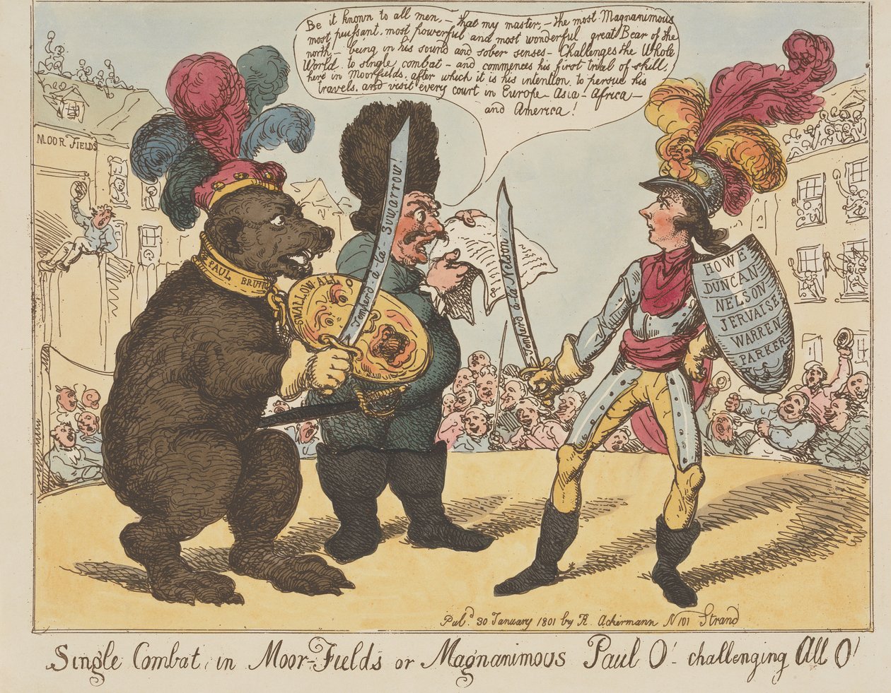 Egy-egy elleni küzdelem Moorfieldsben, vagy a nagylelkű Paul O! – Minden O-t kihívok! (Forrás: Caricature, 4. kötet) alkotó: Thomas Rowlandson