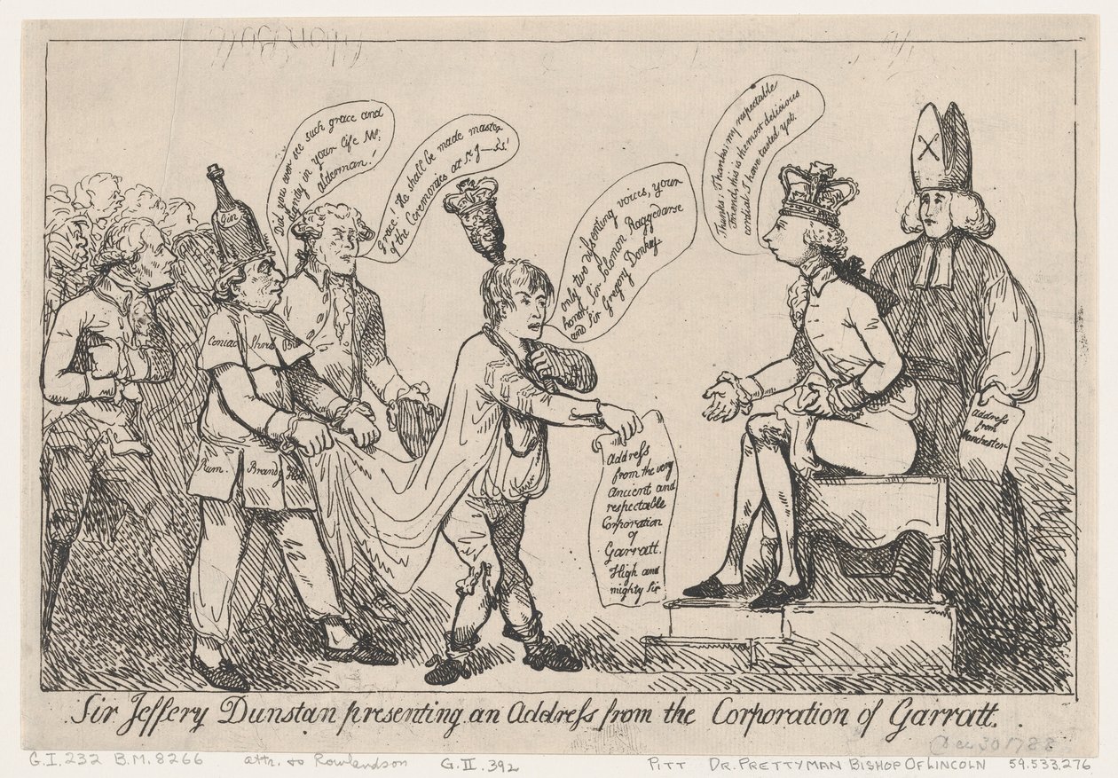 Sir Jeffery Dunstan felolvassa a Garratt Városi Tanács üzenetét alkotó: Thomas Rowlandson
