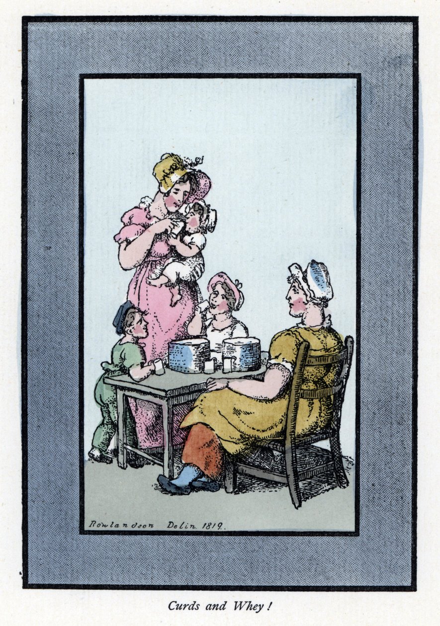 A fürjtejet és tejet árusító ülő nőnek anyja és gyermekei vannak (1819). Fametszet Thomas Rowlandson (1756-1827) festménye alapján, a londoni válságban megjelent: hat bájos gyerekkel és közel 40 illusztrációval, Andrew Tuer, Field alkotó: Thomas Rowlandson