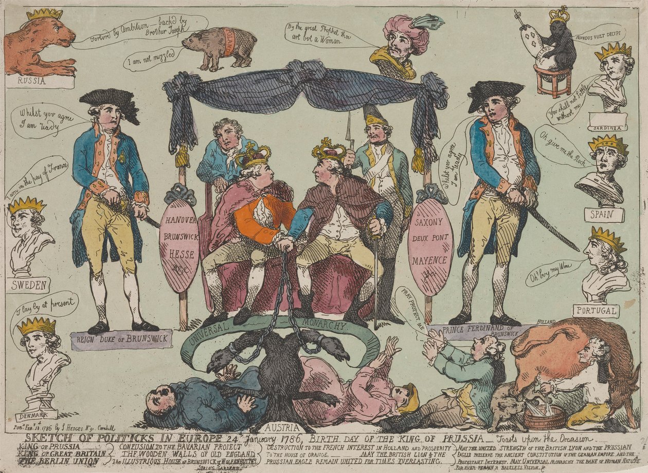 Vázlat az európai politikáról, 1786. január 24. – a porosz király születésnapja--- alkotó: Thomas Rowlandson