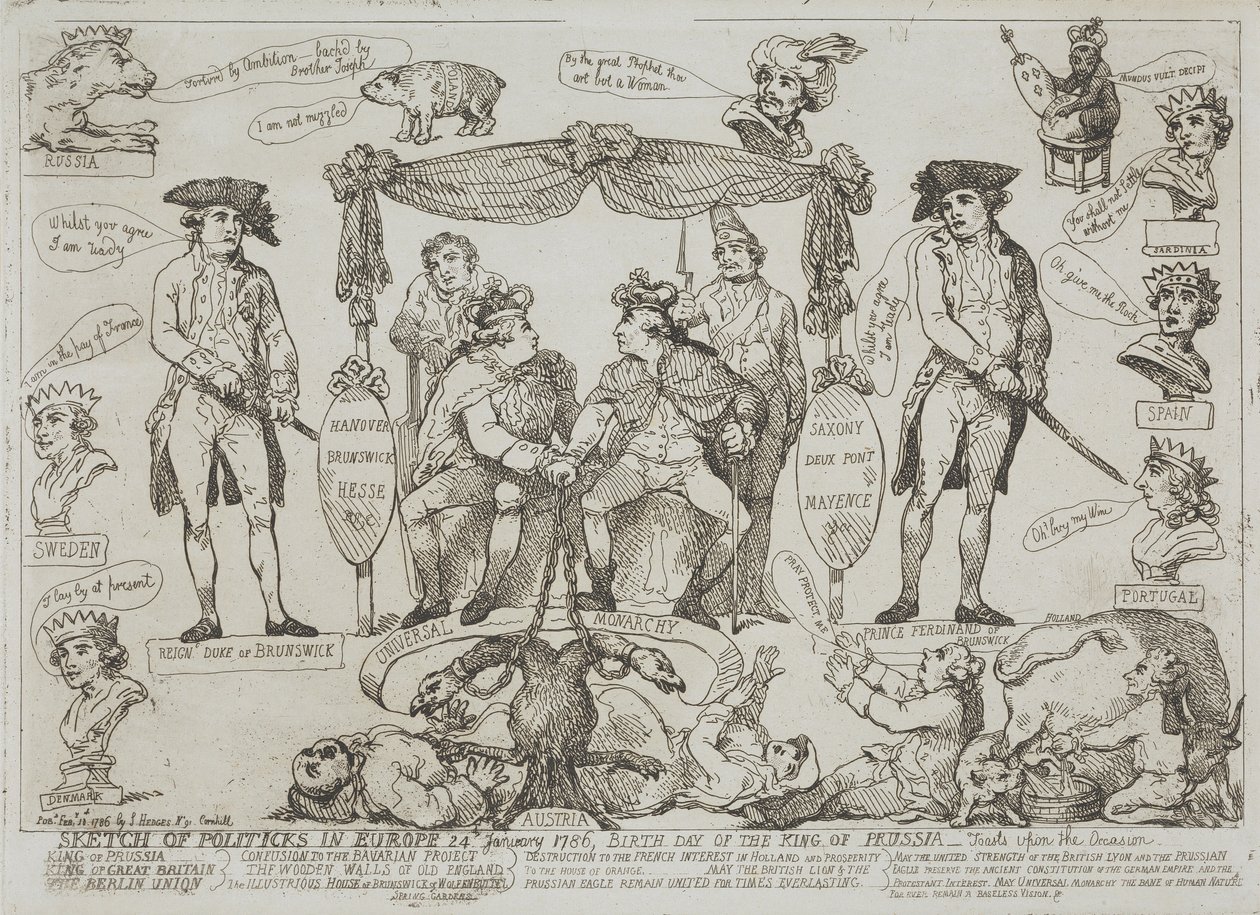 Európai politikai áttekintés, 1786. január 24. – a porosz király születésnapja alkotó: Thomas Rowlandson