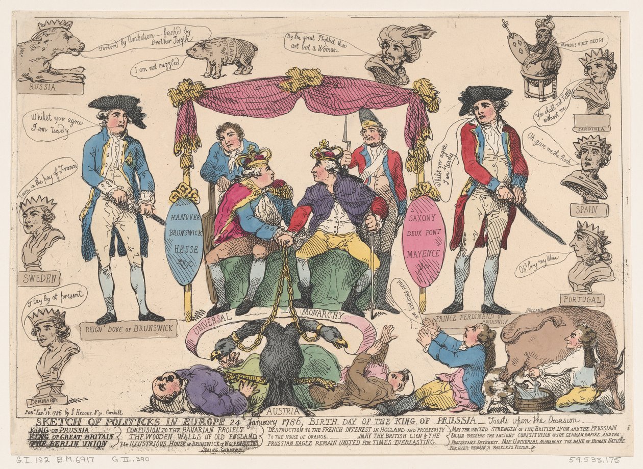 Vázlat az európai politikáról, a porosz király születésnapja, 1786. február 10., 1786. február 10. alkotó: Thomas Rowlandson