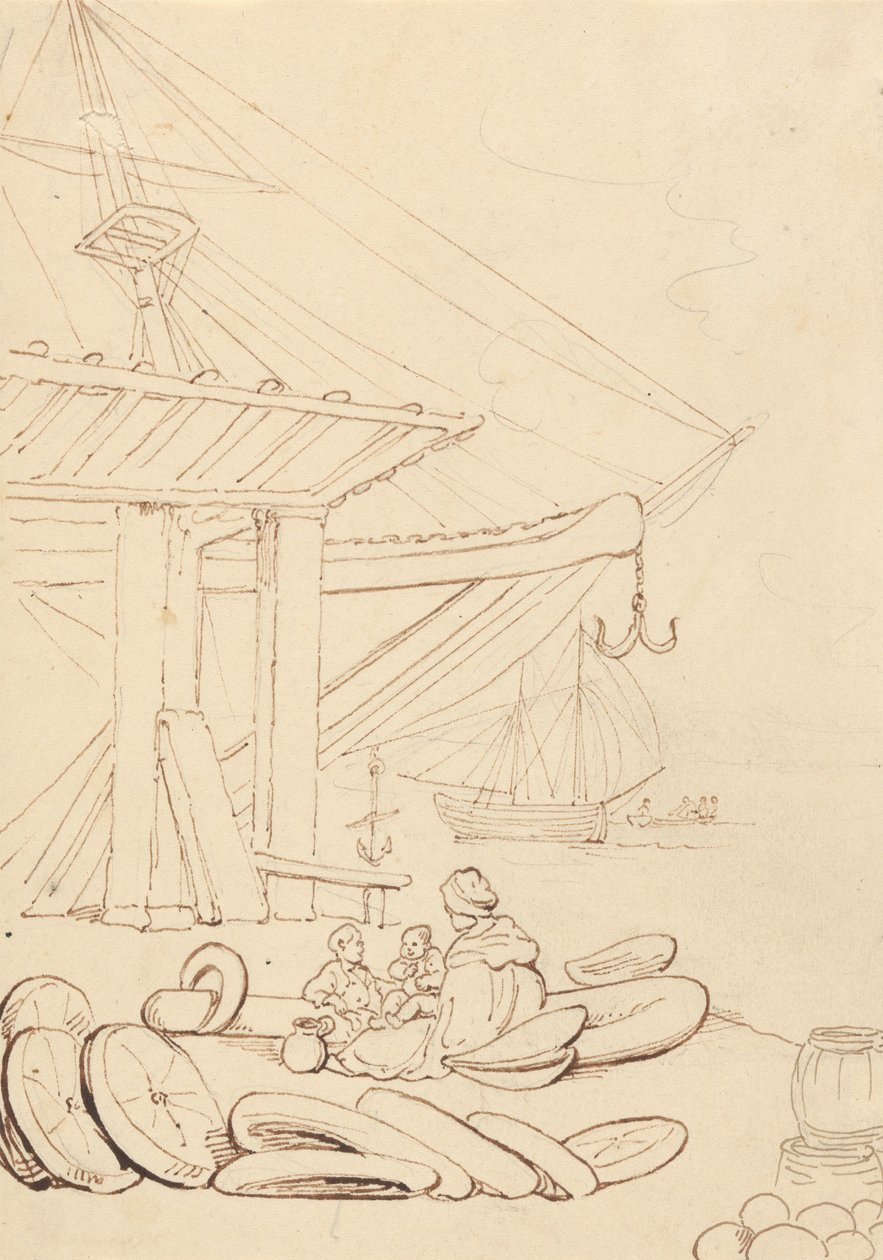 Vázlat egy nőről és gyermekekről, akik egy rakparton ülnek alkotó: Thomas Rowlandson
