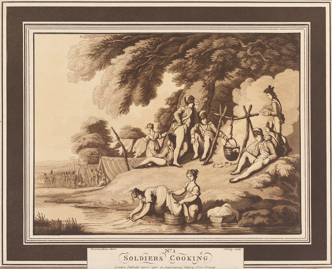 „Soldiers Cooking”, 1798 körül (akvatinta, szépia) alkotó: Thomas Rowlandson