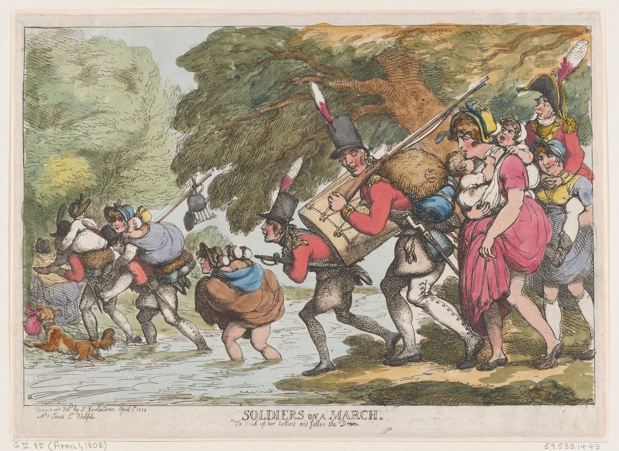Katonák 1808. március 1-jén, 1808 április 1-jén. alkotó: Thomas Rowlandson