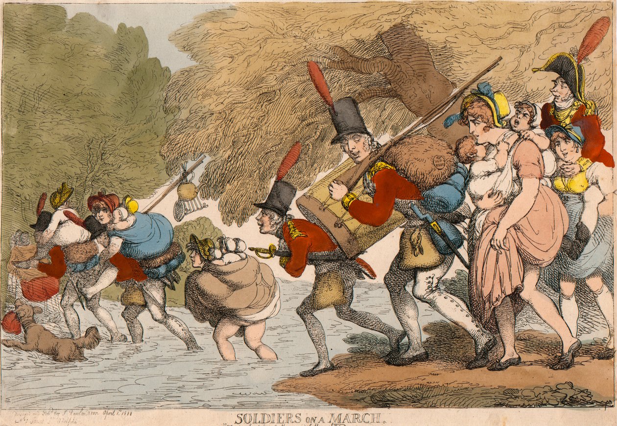 Katonák egy menetben: "Pakolja össze a rongyait és kövesse a dobot" alkotó: Thomas Rowlandson