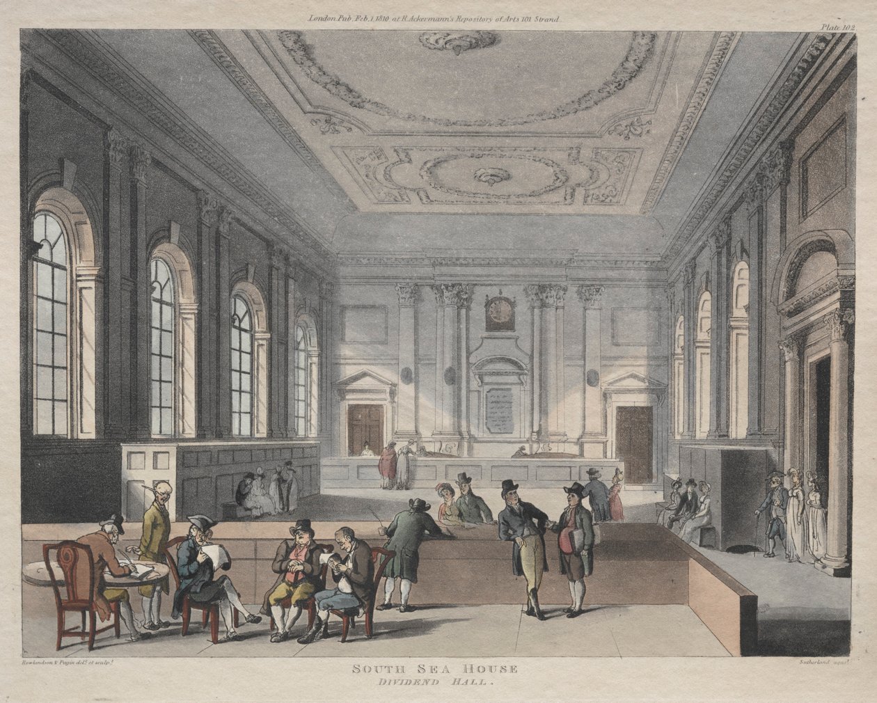 Déli-tengeri ház, osztalékcsarnok, 1810. alkotó: Thomas Rowlandson