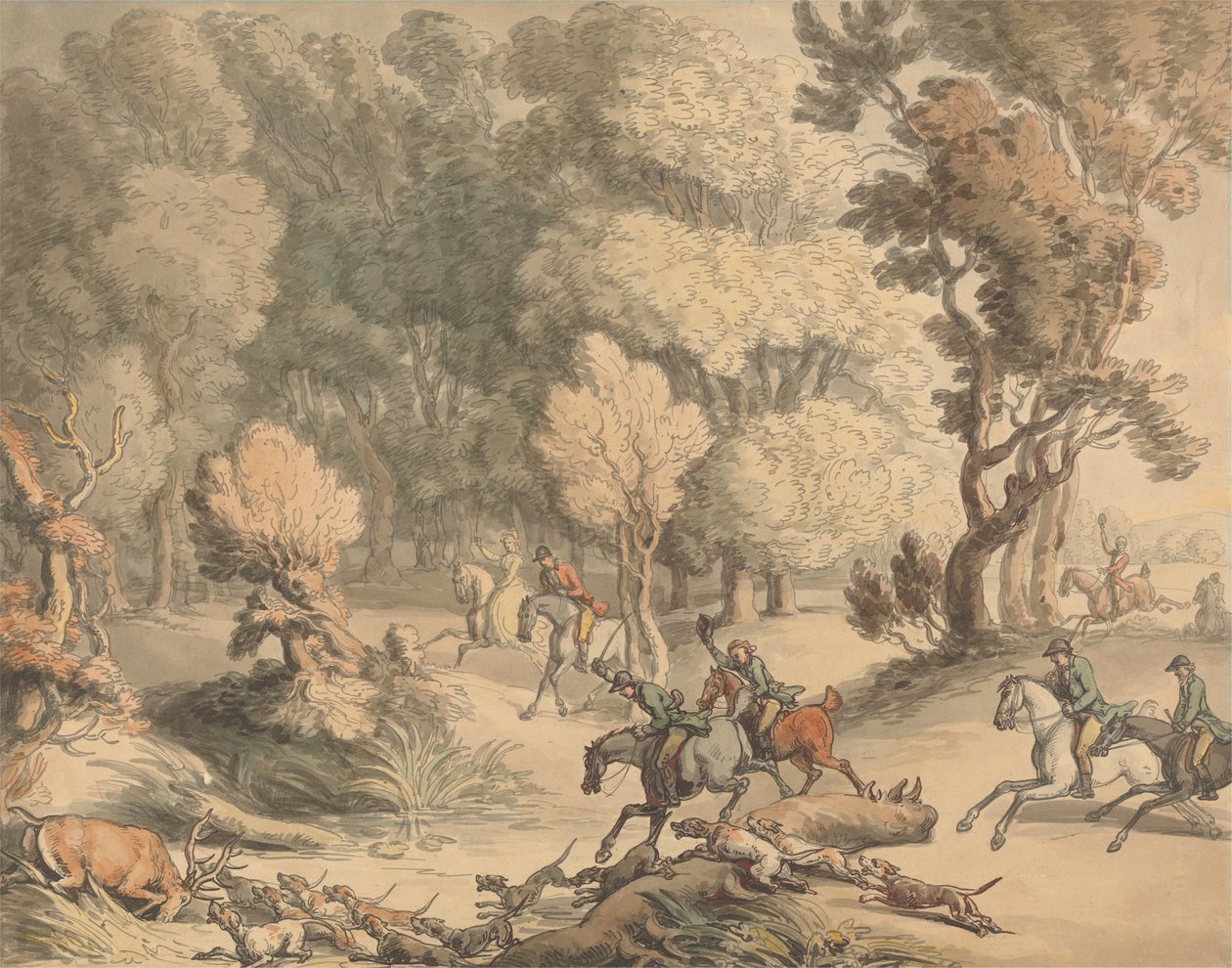 Stag at Bay – jelenet Taplow közelében, Berks, 1795-1801 körül (toll, tus, akvarell testfestékkel a papíron) alkotó: Thomas Rowlandson