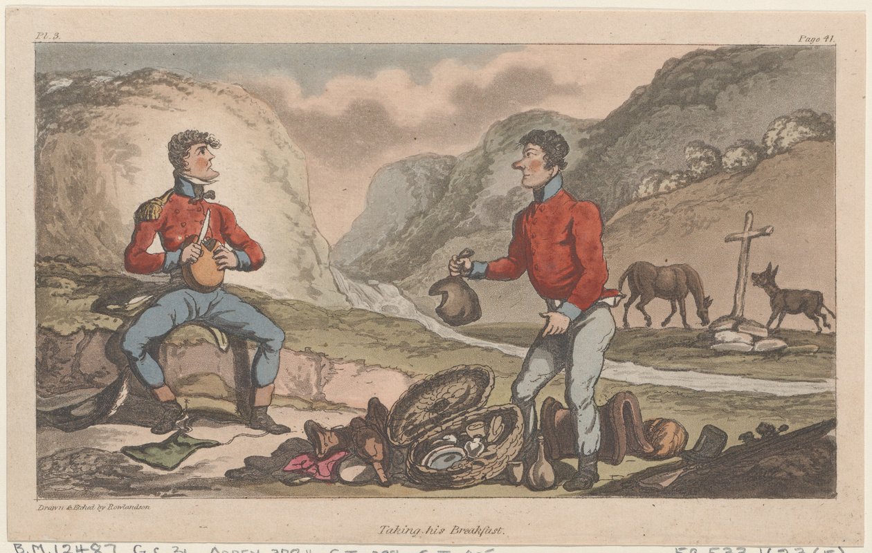 Elveszi a reggelijét a Johnny Newcome katonai kalandjaiból, 1815., 1815. alkotó: Thomas Rowlandson