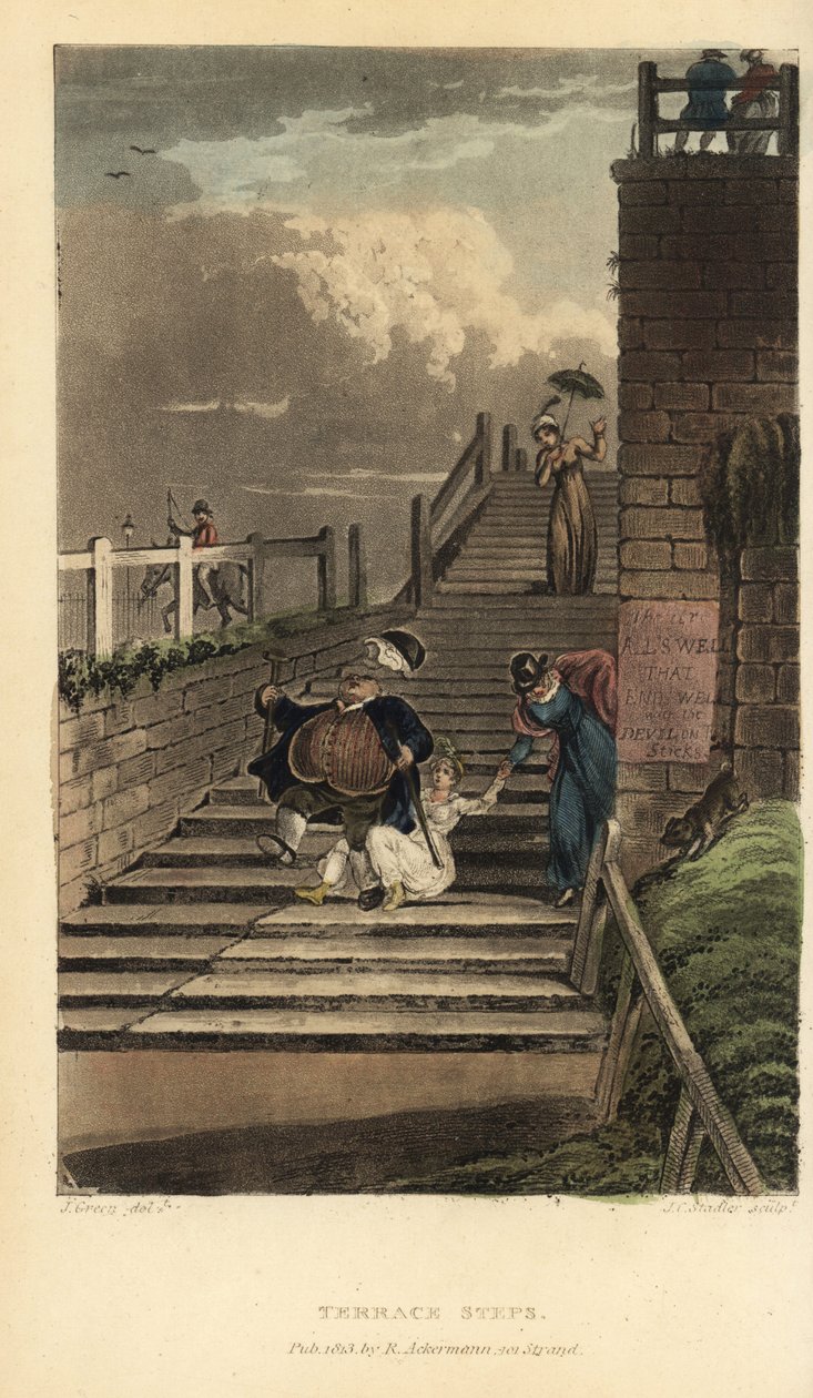 Terrace Steps: a turisták lezuhannak a Cliff Terrace lépcsőin. Kézzel színezett rézmetszet Thomas Rowlandsontól, akvatinta J. C. Stadlertől, J. Green vázlata a Poetical Sketches of Scarborough, Ackermann, Londonból alkotó: Thomas Rowlandson