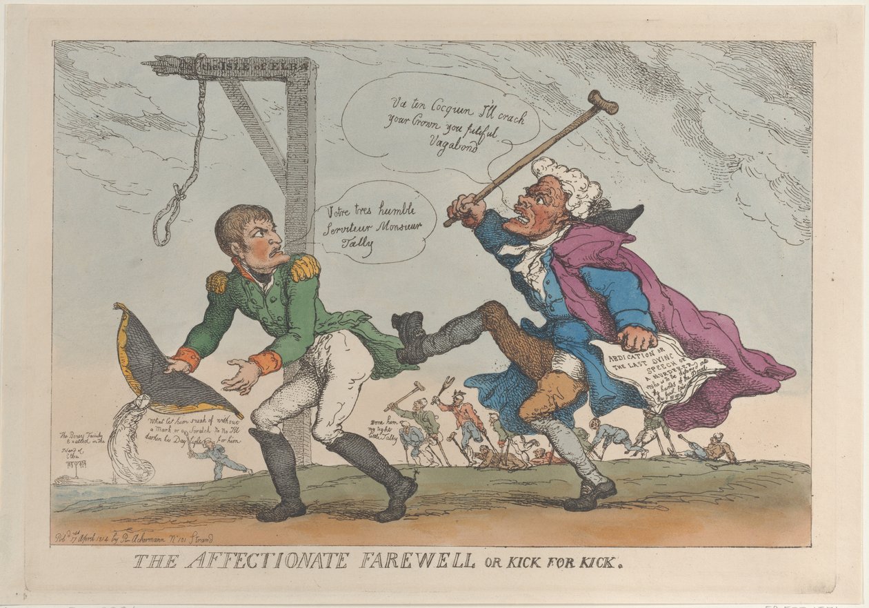 A szeretetteljes búcsú, avagy rúgás a rúgásért, 1814. április 17., 1814. április 17. alkotó: Thomas Rowlandson