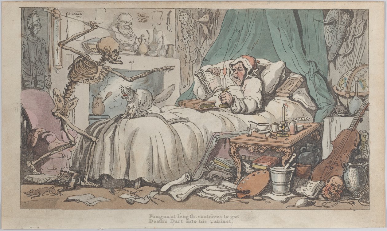 Az Antikvárium utolsó végrendelete és Testamentuma az angol haláltánc című kötetből. I, 2. tábla..., 1816. alkotó: Thomas Rowlandson