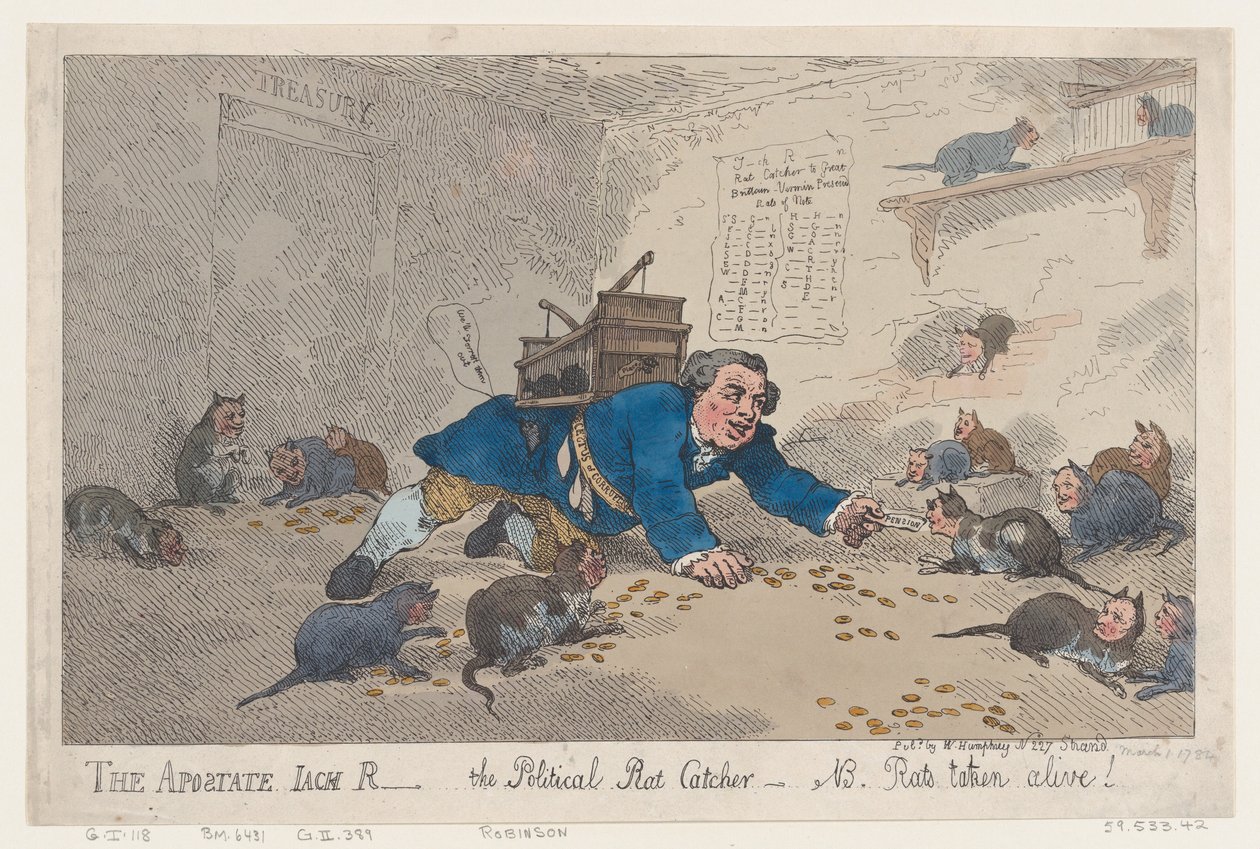 A hitehagyott Jack Robinson, A politikai patkányfogó-N.B. Rats Taken Alive!, márc..., 1784. március 1. alkotó: Thomas Rowlandson