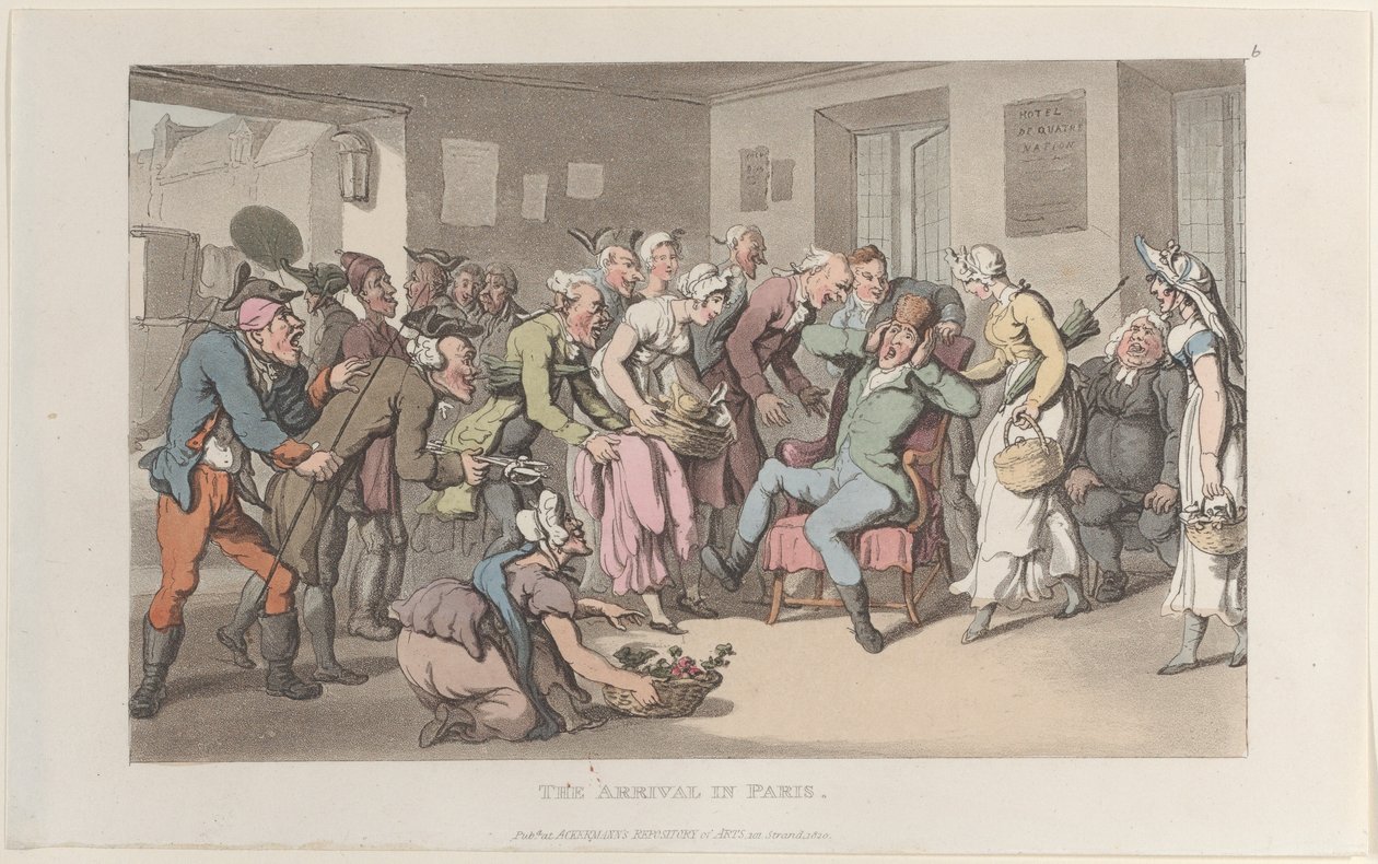 Érkezés Párizsba, a Journal of Sentimental Travels in the Southern Provinces of Fr..., 1820-ból. alkotó: Thomas Rowlandson