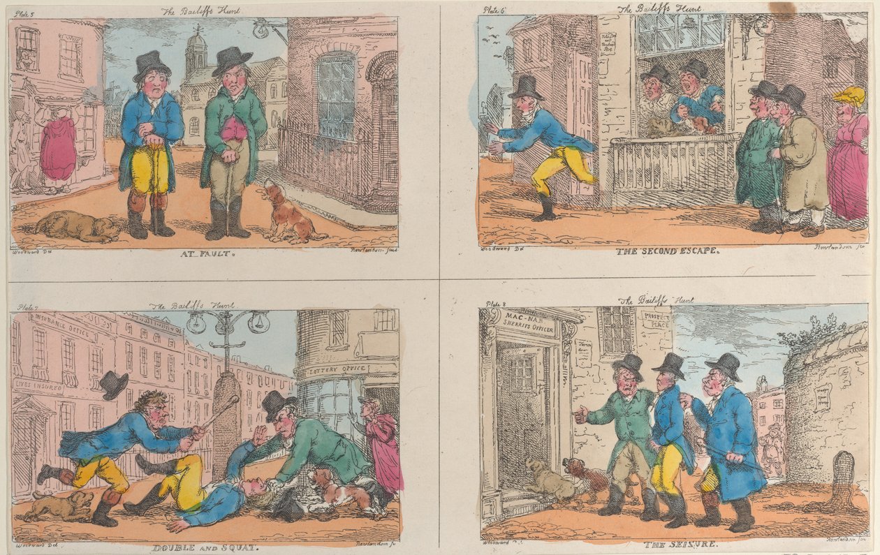 A végrehajtó vadászata: hibás, A második szökés, Dupla és guggolás és A lefoglalás, 1809., 1809. alkotó: Thomas Rowlandson