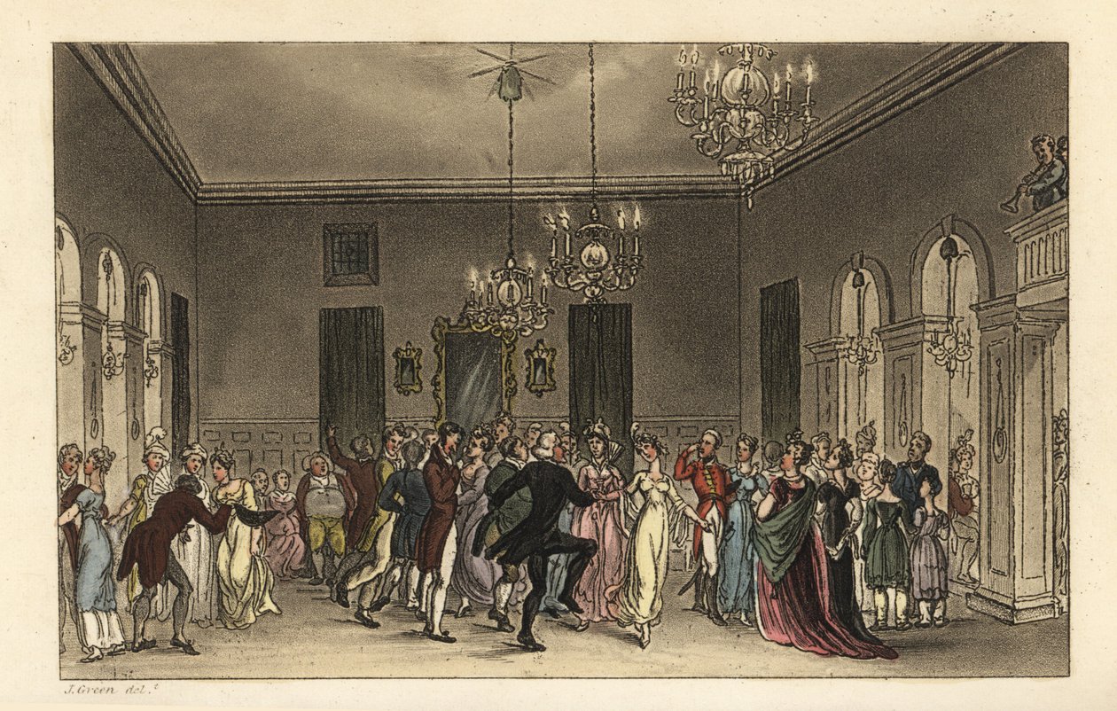 A bálterem: divatos turisták táncolnak a Scarborough-i üléstermekben. Minden úriember, aki táncol, 2-t fizet, és minden hölgy, aki teát iszik, 1-et. Thomas Rowlandson kézi színű rézmetszete J. Green vázlata után a Poetical Sketchesből alkotó: Thomas Rowlandson