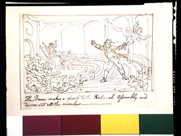 A báró beszédet mond az Országgyűlésben, és kiűzi az összes képviselőt (toll, tinta és akvarell papíron) alkotó: Thomas Rowlandson