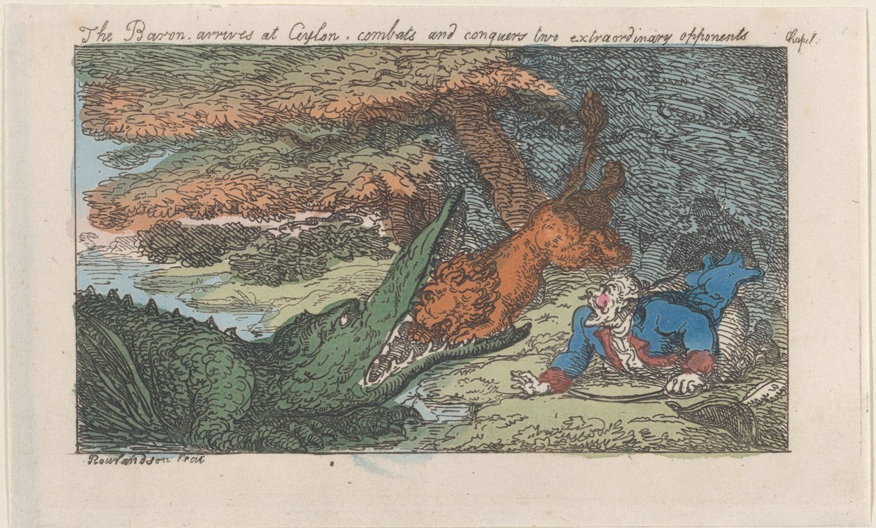 A báró Ceylonba érkezik, megküzd és meghódít két rendkívüli ellenfelet..., [1809], 1811-ben újra kiadták. alkotó: Thomas Rowlandson