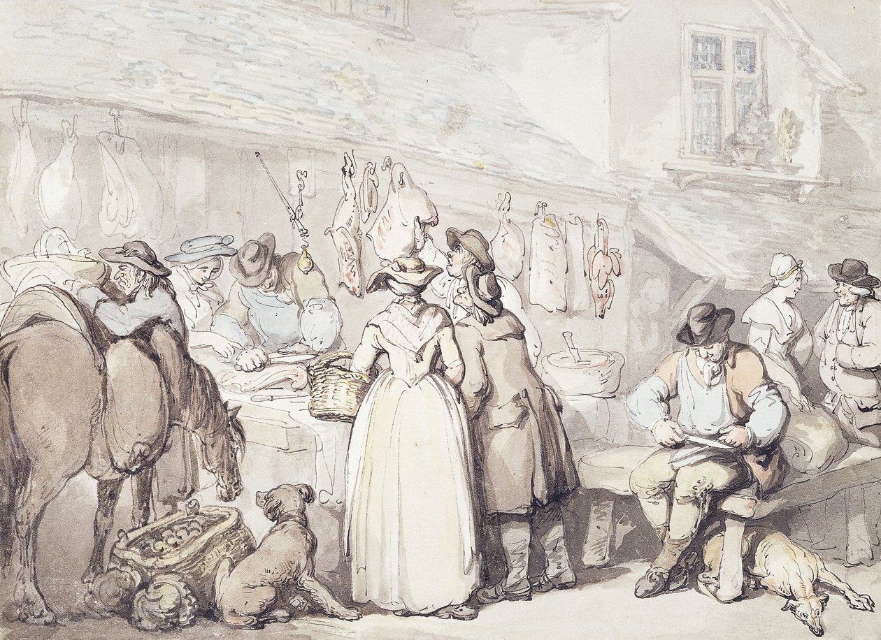 A hentes stand, a Leadenhall piac, alkotó: Thomas Rowlandson