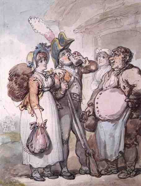 "A vörös kabát varázsa" (toll, akvarell és ceruza papíron) alkotó: Thomas Rowlandson