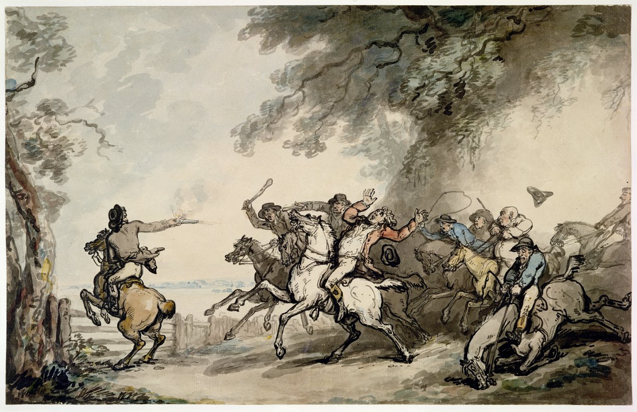 Az útonálló üldözése, 1790 körül (toll, tus, tinta és ceruza, papír) alkotó: Thomas Rowlandson
