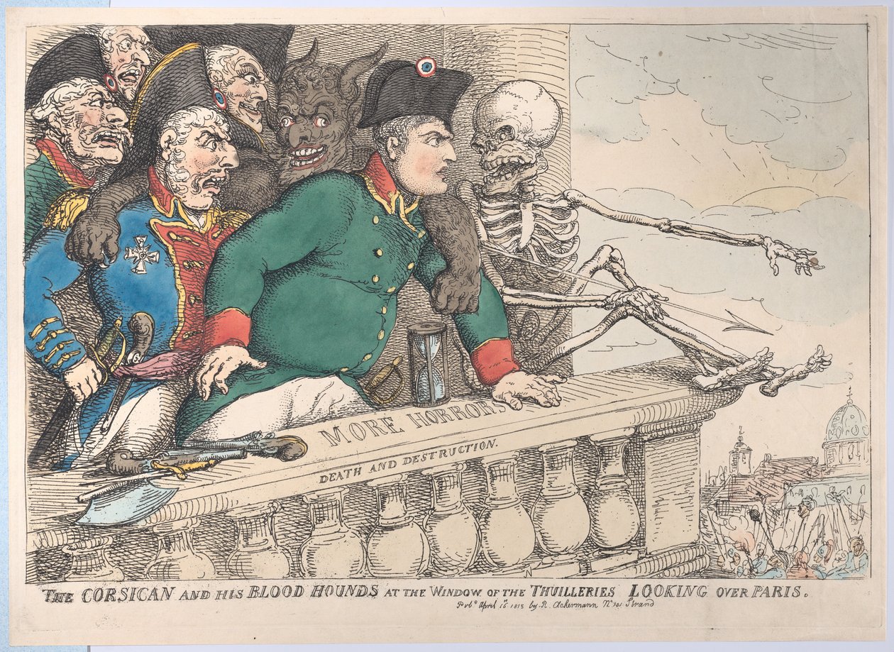 A korzikai és vérkutyái a Thuilleries ablakában P... felett, 1815. április 16. alkotó: Thomas Rowlandson