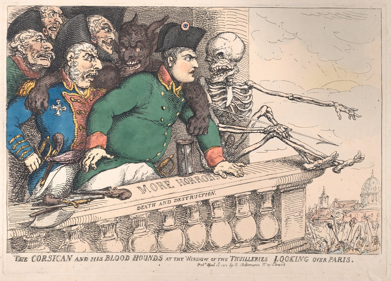 A korzikai és vérkutyái a Thuilleries ablakában P... felett, 1815. április 16. alkotó: Thomas Rowlandson
