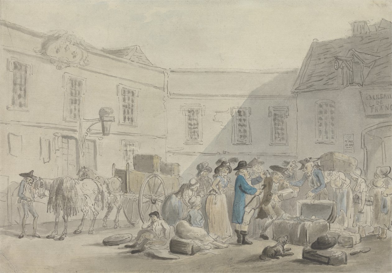 A boulogne-i vámház – fordítva: Grafitvázlat lovakról, kocsikról és épületekről (toll, tinta és w/c papíron) alkotó: Thomas Rowlandson