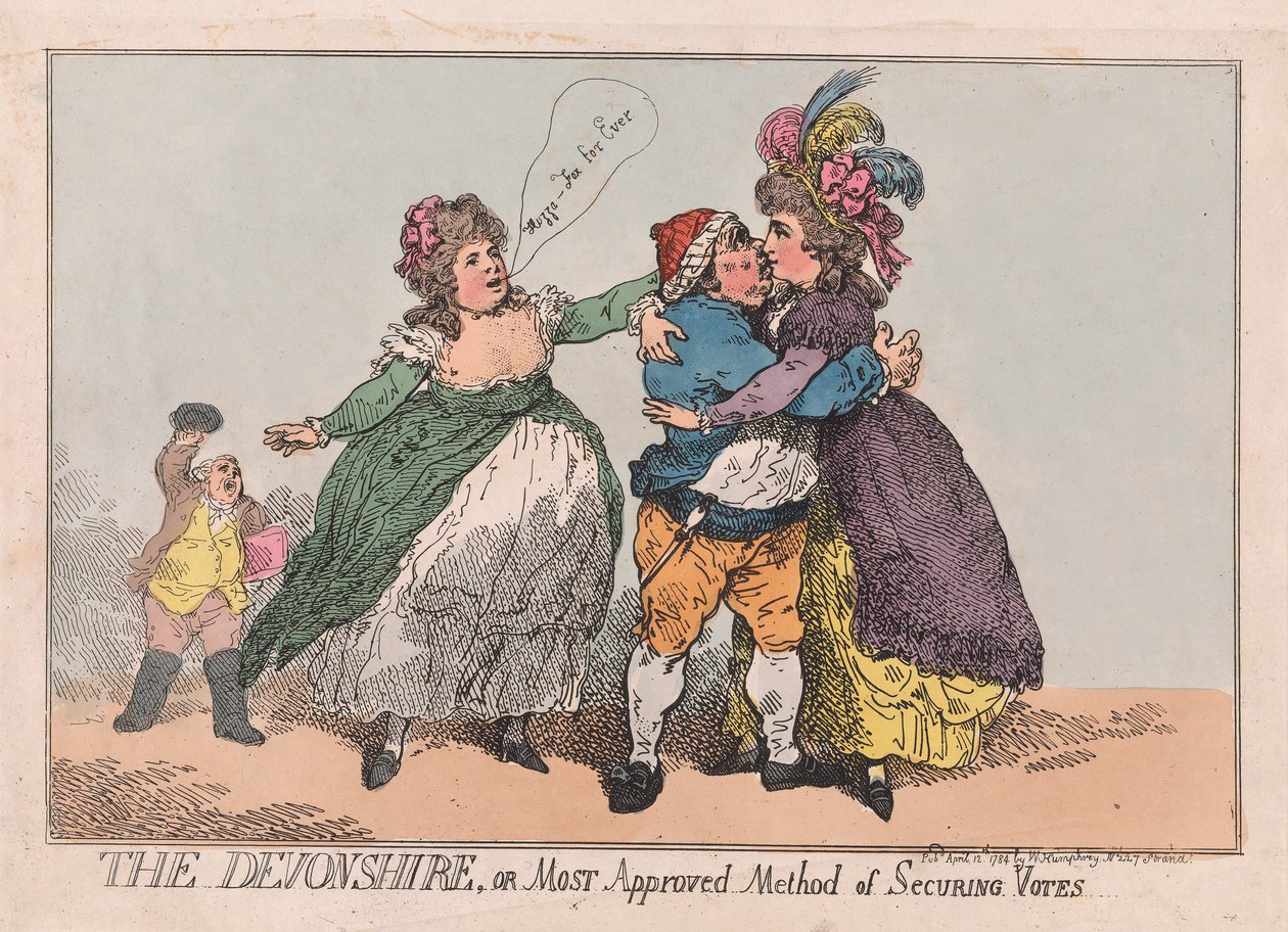 A Devonshire vagy a szavazatok biztosításának legelfogadottabb módszere, pub. 1784 (kézzel színezett metszet) alkotó: Thomas Rowlandson