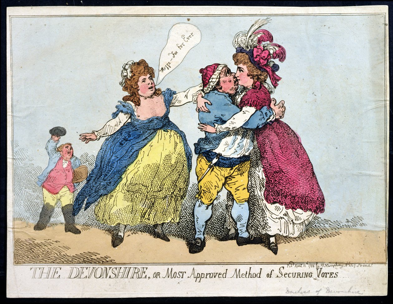 A Devonshire vagy a szavazatok biztosításának legelfogadottabb módszere, William Humphrey 1784-ben (kézzel színezett rézkarc) alkotó: Thomas Rowlandson