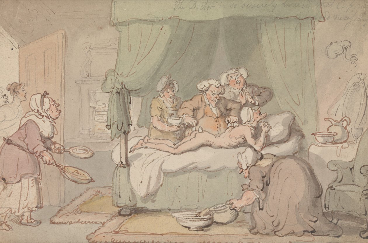 „Az orvos olyan súlyos zúzódásokat szenvedett, hogy a köpölyözést szükségesnek ítélték” alkotó: Thomas Rowlandson