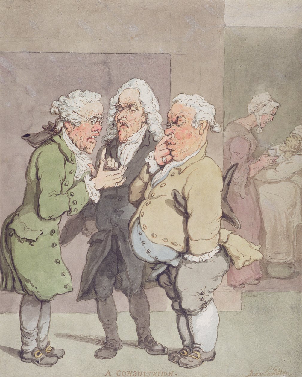 Orvosi konzultáció, 1815-1820 (toll és tinta, valamint wc grafiton, papíron) alkotó: Thomas Rowlandson