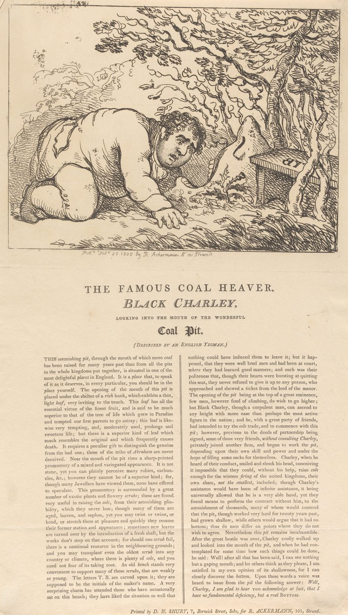 A híres fekete szénrakodó, Black Charley, aki a csodálatos szénbánya bejáratába tekint alkotó: Thomas Rowlandson