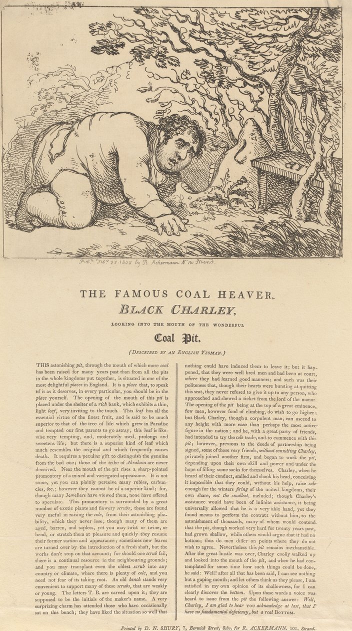 A híres fekete szénrakodó, Black Charley, ahogy a csodálatos szénbánya bejáratába tekint alkotó: Thomas Rowlandson