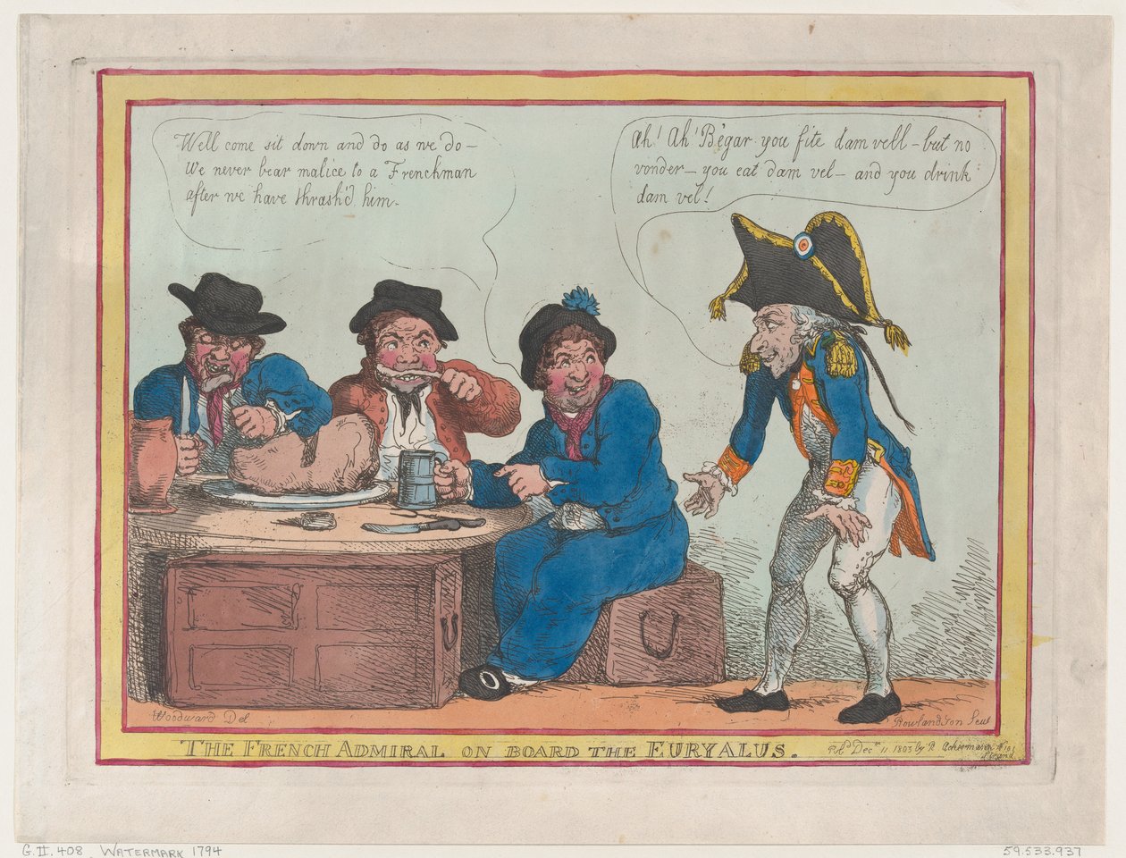 A francia admirális az Euryalus fedélzetén, 1803. december 11., 1803. december 11. alkotó: Thomas Rowlandson